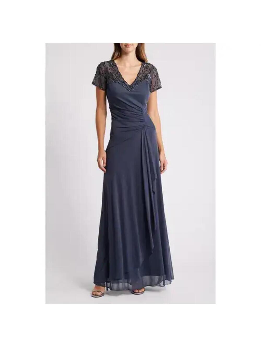 XSCAPE EVENINGS  Beaded Short Sleeve Ruched Gown